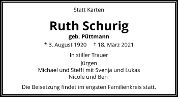 Traueranzeige von Ruth Schurig von trauer.wuppertaler-rundschau.de
