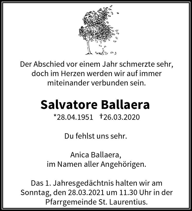 Traueranzeige für Salvatore Ballaera vom 27.03.2021 aus trauer.wuppertaler-rundschau.de