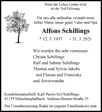 Traueranzeige von Alfons Schillings von trauer.extra-tipp-moenchengladbach.de
