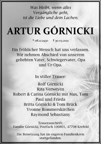 Traueranzeige von Artur Gornicki von trauer.mein.krefeld.de