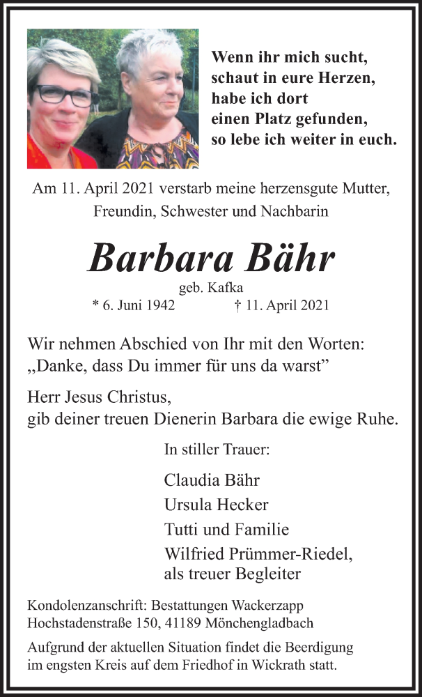  Traueranzeige für Barbara Bähr vom 18.04.2021 aus trauer.extra-tipp-moenchengladbach.de