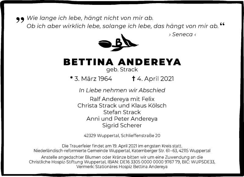  Traueranzeige für Bettina Andereya vom 17.04.2021 aus trauer.wuppertaler-rundschau.de