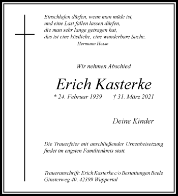 Traueranzeige von Erich Kasterke von trauer.wuppertaler-rundschau.de