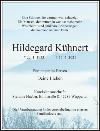 Traueranzeige von Hildegard Kühnert von trauer.wuppertaler-rundschau.de