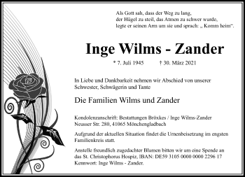 Traueranzeige von Inge Wilms-Zander von trauer.extra-tipp-moenchengladbach.de