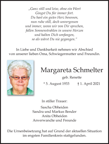 Traueranzeige von Margareta Schmelter von trauer.extra-tipp-moenchengladbach.de