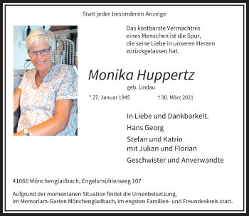 Traueranzeige von Monika Huppertz von trauer.extra-tipp-moenchengladbach.de