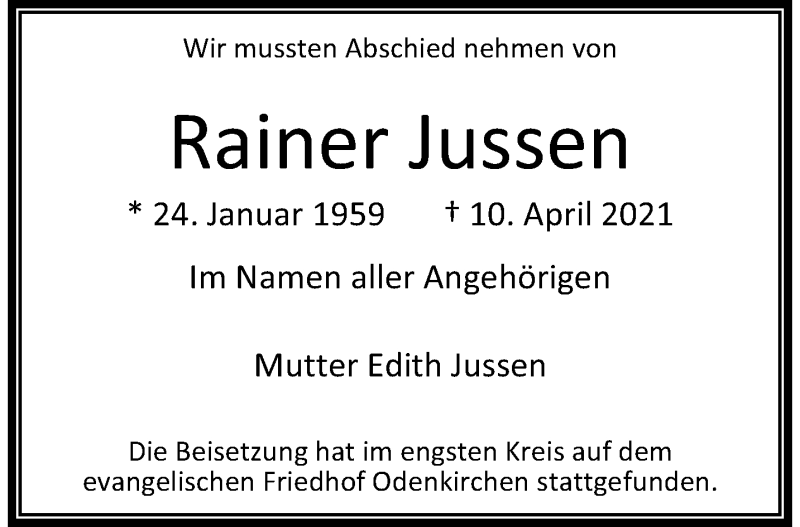  Traueranzeige für Rainer Jussen vom 02.05.2021 aus trauer.extra-tipp-moenchengladbach.de