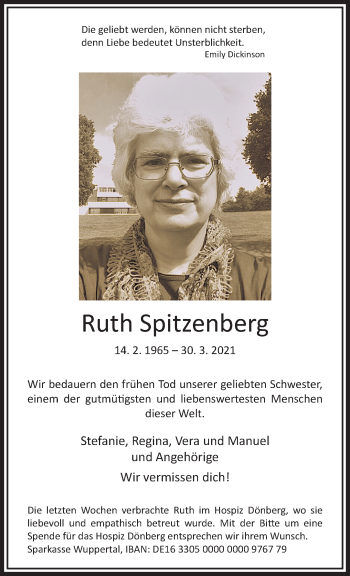 Traueranzeige von Ruth Spitzenberg von trauer.wuppertaler-rundschau.de