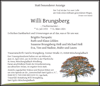Traueranzeige von Willi Brungsberg von trauer.extra-tipp-moenchengladbach.de