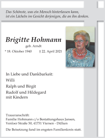 Traueranzeige von Brigitte Hohmann von trauer.extra-tipp-moenchengladbach.de