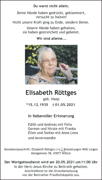 Traueranzeige von Elisabeth Röttges von trauer.extra-tipp-moenchengladbach.de