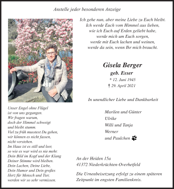 Traueranzeige von Gisela Berger von trauer.extra-tipp-moenchengladbach.de