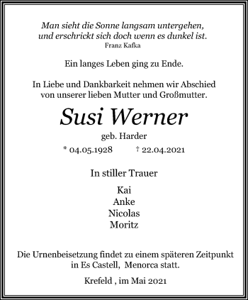 Traueranzeige von Susi Werner von trauer.mein.krefeld.de