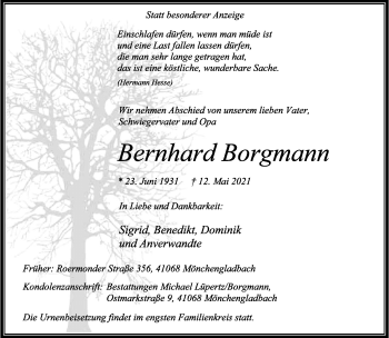 Traueranzeige von Bernhard Borgmann von trauer.extra-tipp-moenchengladbach.de
