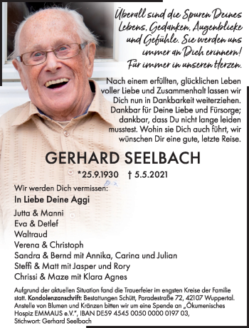 Traueranzeige von Gerhard Seelbach von trauer.wuppertaler-rundschau.de