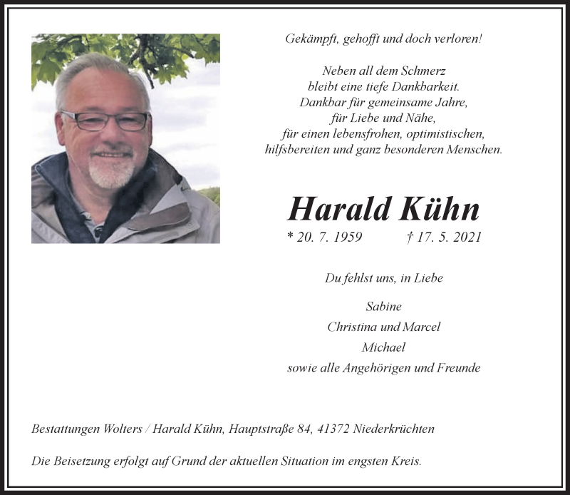  Traueranzeige für Harald Kühn vom 30.05.2021 aus trauer.extra-tipp-moenchengladbach.de