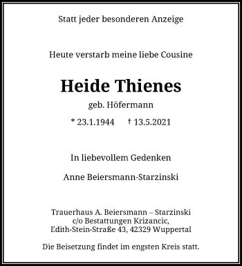 Traueranzeige von Heide Thienes von trauer.wuppertaler-rundschau.de