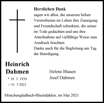 Traueranzeige von Heinrich Dahmen von trauer.extra-tipp-moenchengladbach.de
