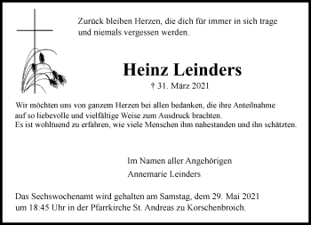 Traueranzeige von Heinz Leinders von trauer.extra-tipp-moenchengladbach.de
