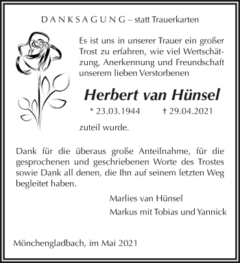 Traueranzeige von Herbert van Hünsel von trauer.extra-tipp-moenchengladbach.de