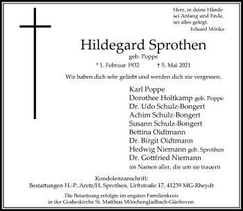 Traueranzeige von Hildegard Sprothen von trauer.extra-tipp-moenchengladbach.de