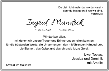 Traueranzeige von Ingrid Mandrek von trauer.mein.krefeld.de