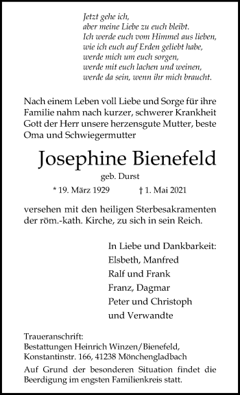 Traueranzeige von Josephine Bienefeld von trauer.extra-tipp-moenchengladbach.de