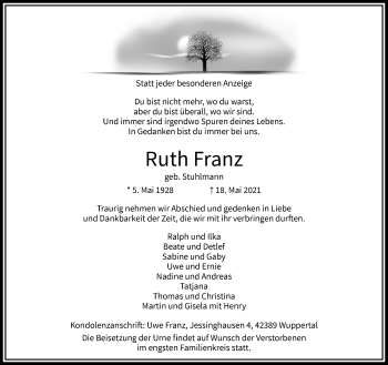 Traueranzeige von Ruth Franz von trauer.wuppertaler-rundschau.de