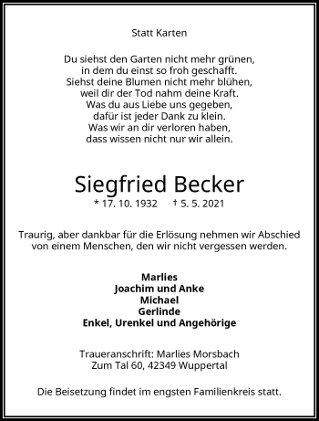Traueranzeige von Siegfried Becker von trauer.wuppertaler-rundschau.de
