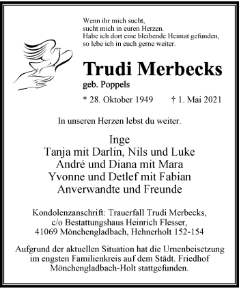 Traueranzeige von Trudi Merbecks von trauer.extra-tipp-moenchengladbach.de