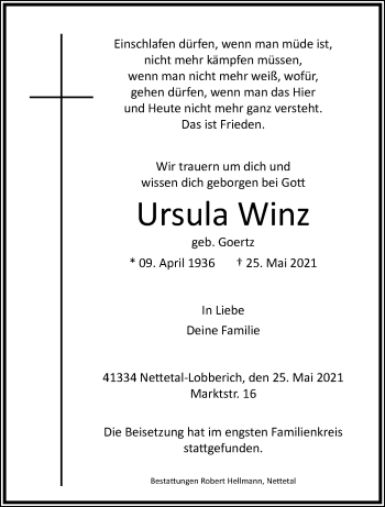 Traueranzeige von Ursula Winz von trauer.extra-tipp-moenchengladbach.de