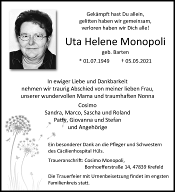 Traueranzeige von Uta Helene Monopoli von trauer.mein.krefeld.de