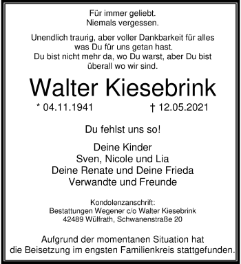 Traueranzeige von Walter Kiesebrink von trauer.wuppertaler-rundschau.de