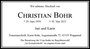 Traueranzeige von Christian Bohr von trauer.wuppertaler-rundschau.de