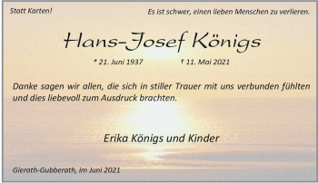 Traueranzeige von Hans-Josef Königs von trauer.stadt-kurier.de