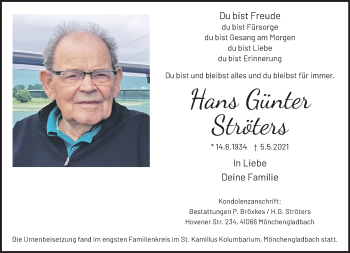 Traueranzeige von Hans Günter Ströters von trauer.extra-tipp-moenchengladbach.de