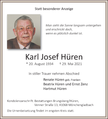Traueranzeige von Karl Josef Hüren von trauer.extra-tipp-moenchengladbach.de
