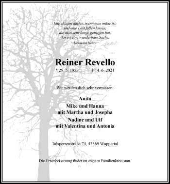 Traueranzeige von Reiner Revello von trauer.wuppertaler-rundschau.de