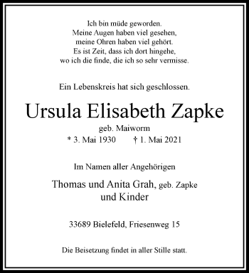 Traueranzeige von Ursula Elisabeth Zapke von trauer.wuppertaler-rundschau.de