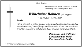 Traueranzeige von Wilhelmine Bahnen von trauer.extra-tipp-moenchengladbach.de