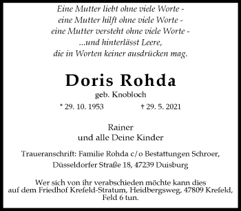 Traueranzeige von Doris Rohda von trauer.mein.krefeld.de