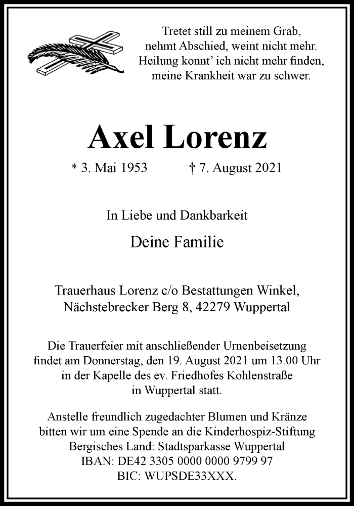  Traueranzeige für Axel Lorenz vom 14.08.2021 aus trauer.wuppertaler-rundschau.de