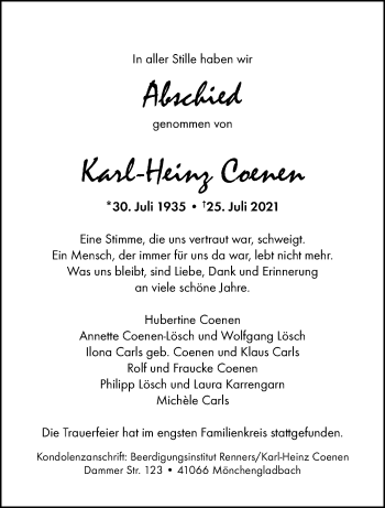 Traueranzeige von Karl-Heinz Coenen von trauer.extra-tipp-moenchengladbach.de