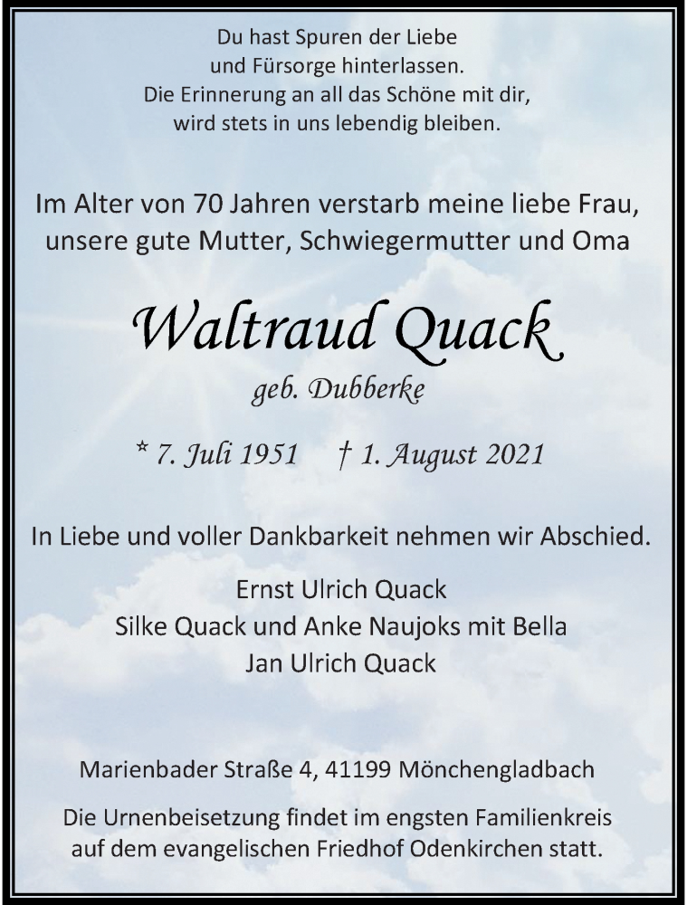  Traueranzeige für Waltraud Quack vom 08.08.2021 aus trauer.extra-tipp-moenchengladbach.de