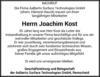 Traueranzeige von Joachim Kost von trauer.wuppertaler-rundschau.de