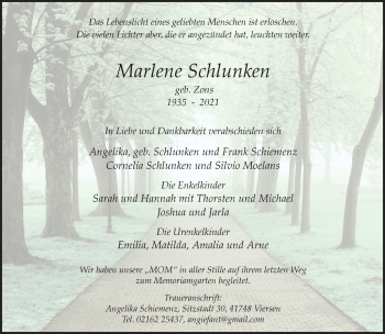 Traueranzeige von Marlene Schlunken von trauer.extra-tipp-moenchengladbach.de