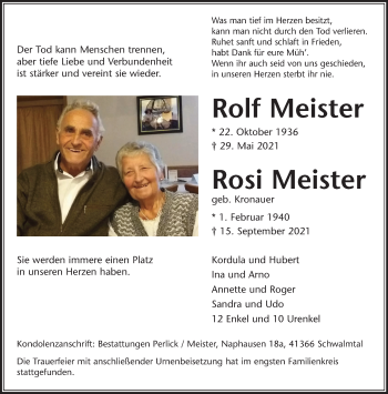 Traueranzeige von Rolf und Rosi Meister von trauer.extra-tipp-moenchengladbach.de