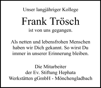 Traueranzeige von Frank Trösch von trauer.extra-tipp-moenchengladbach.de