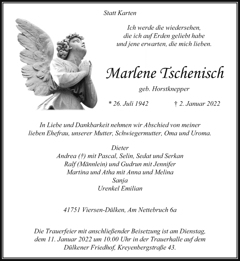  Traueranzeige für Marlene Tschenisch vom 09.01.2022 aus trauer.extra-tipp-moenchengladbach.de